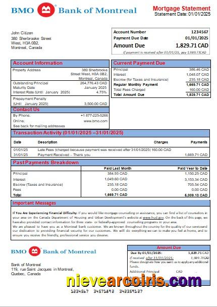 Canada Bank of Montreal bank mortgage statement